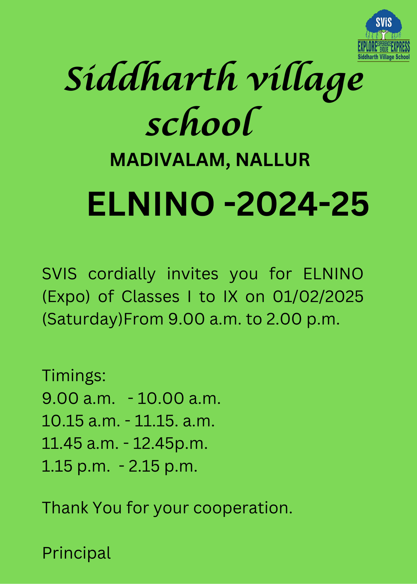 Read more about the article SVIS cordially invites you for ELNINO (Expo) of Classes I to IX on 01/02/2025  (Saturday) From 9.00 a.m. to 2.00 p.m.